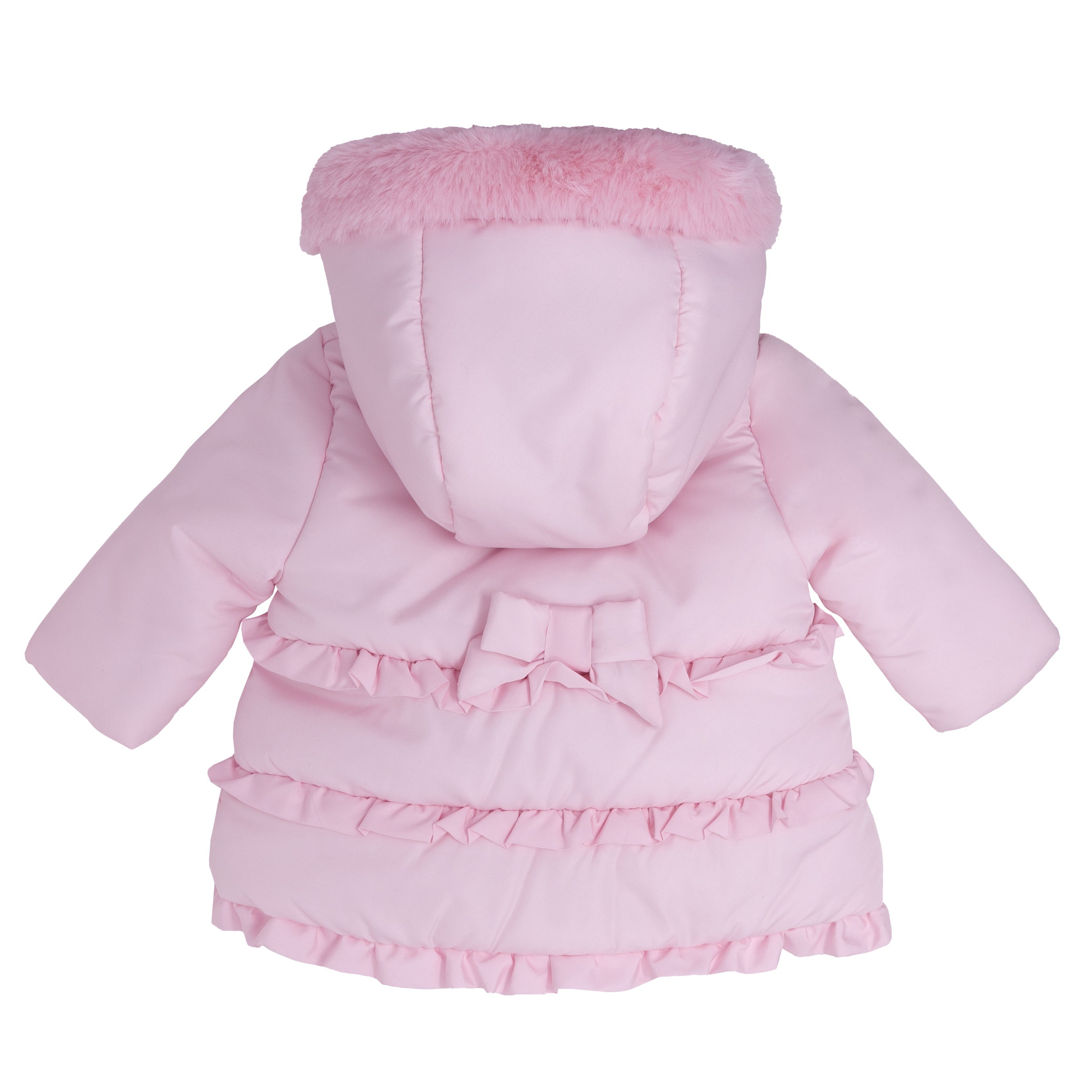 Girls bow and ruffle frilled quilted jacket with faux fur hood