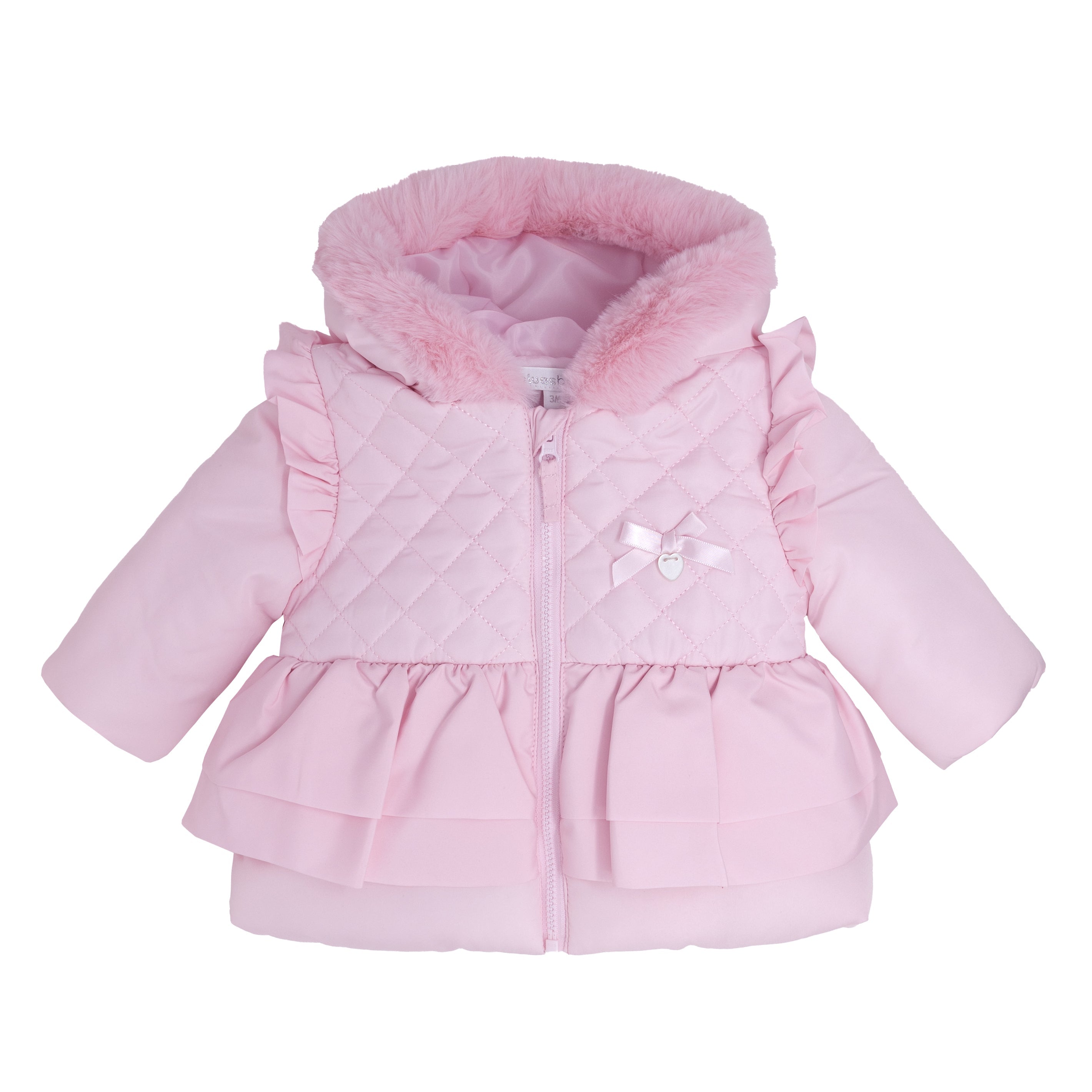 Girls quilted jacket with frill peplum and faux fur hood